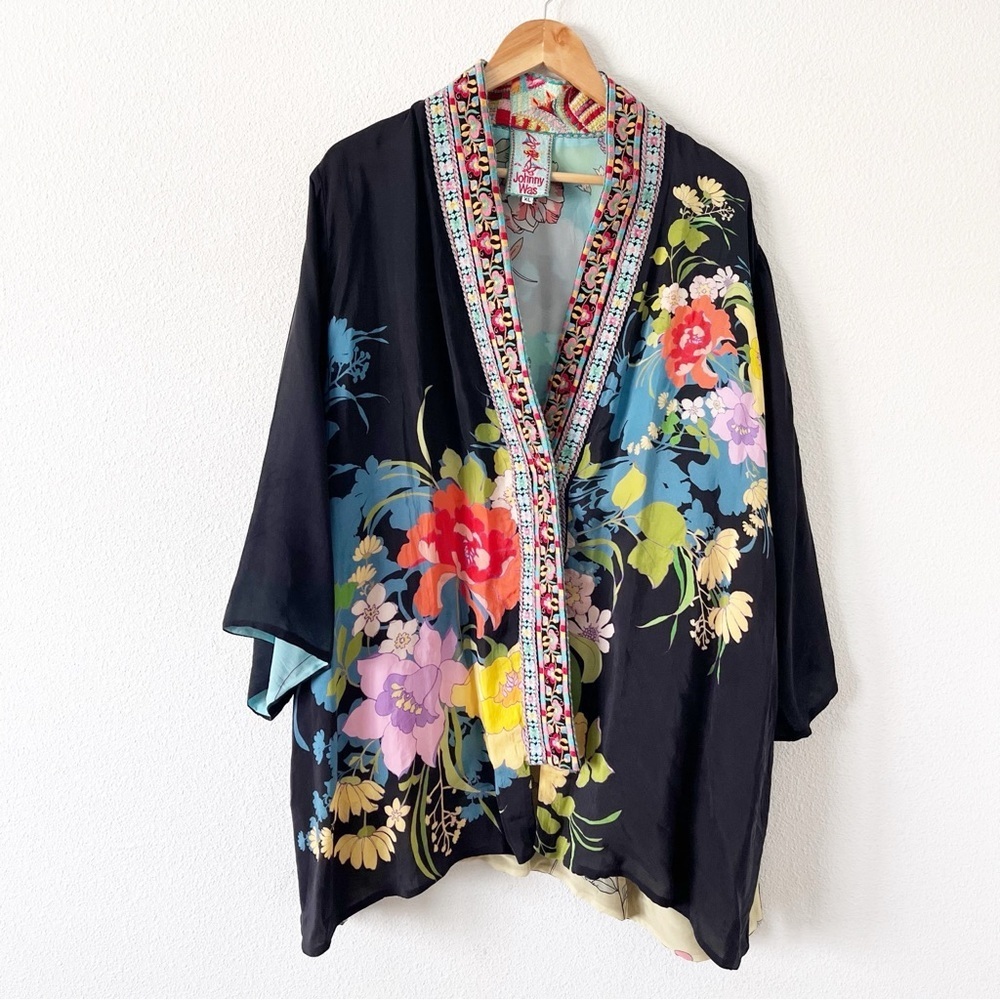 Johnny Was Reversible Fuska Kimono Black Floral Embroidered Boho Cardigan - Picture 2 of 8